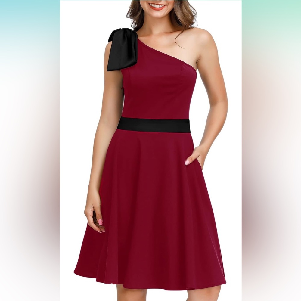 JASAMBAC Women's Bow One Shoulder Dress with Pockets A-line Cocktail Party Dress